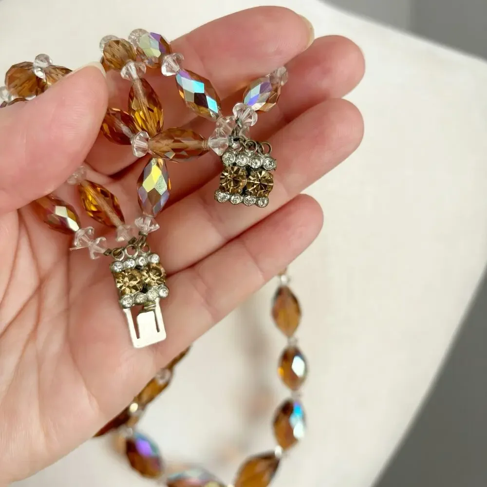 Vintage 1950s AB Crystal Triple Strand Necklace Amber Smokey Topaz Gold - Picture 8 of 12